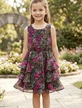 DKNY Girls' Multicolor Floral Tiered Chiffon Dress